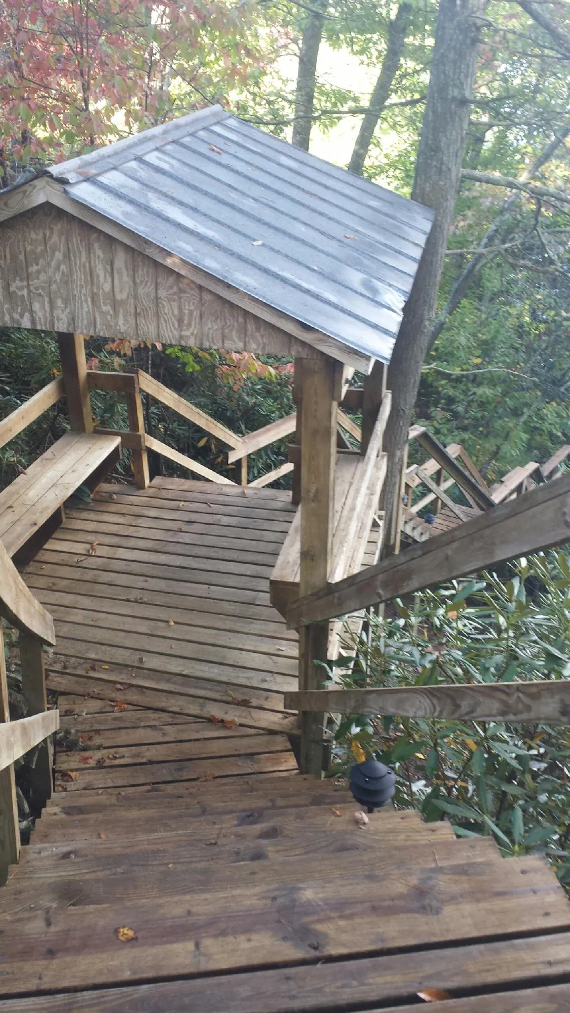 Metal roofed shelter over wooden steps on a wooded walkway — Skylight Repair & Installation work by our crew in Williamsville